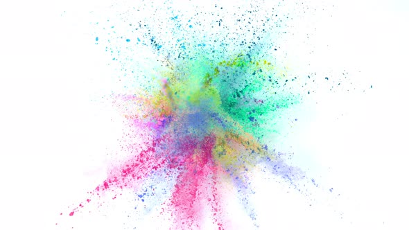 Super Slowmotion Shot of Color Powder Explosions Isolated on White Background alt