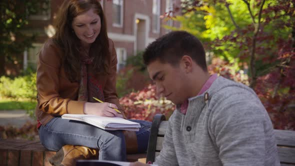 College students on campus meet in courtyard