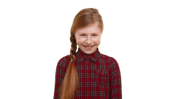 Cute Elementaryschool Aged Girl with Light Brown Plait of Hair Standing on White Background and alt