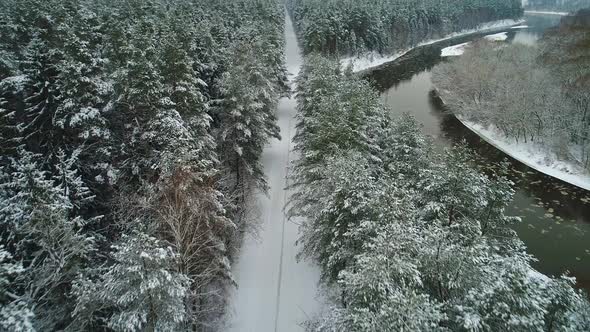 Aerial View of Winter Forest and River