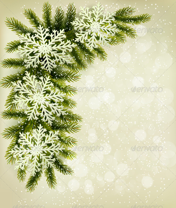Christmas Retro Background with Tree Branches - Christmas Seasons/Holidays