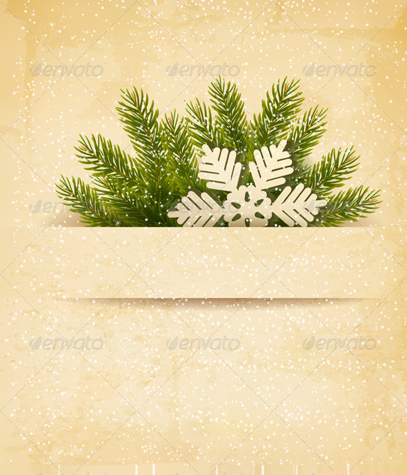 Christmas Retro Background with Tree Branches - Christmas Seasons/Holidays