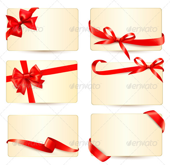 Set of Gift Cards with Red Gift Bows - Christmas Seasons/Holidays