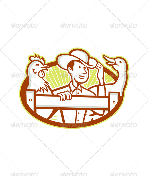 Farmer With Chicken Goose Cartoon - People Characters