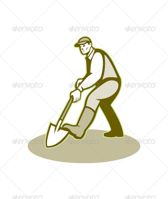Gardener Landscaper Digging Shovel Retro - People Characters