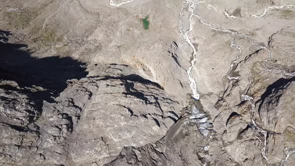 Topdown view of of an alpin valley after climate change alt