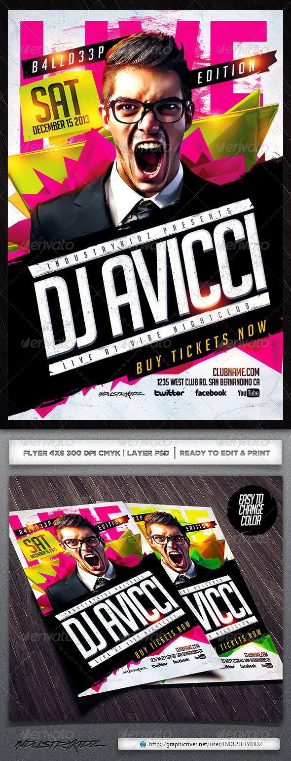 Electro House Music Flyer PSD - Clubs & Parties Events