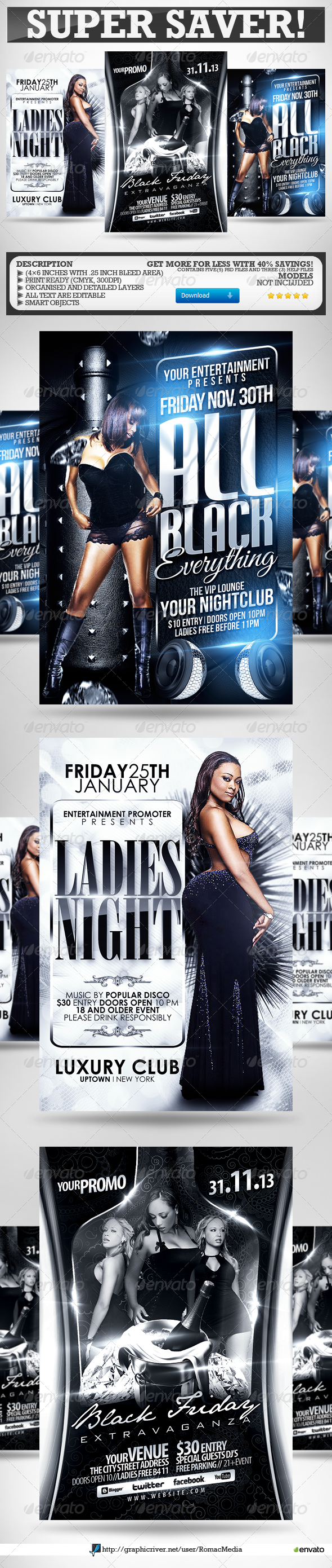 Black and White Party Flyers Super Bundle Vol.1 - Clubs & Parties Events