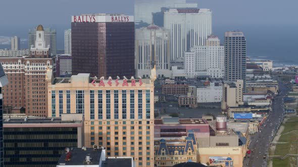 Aerial of skyscrapers and amusement park seen at a distance in Atlantic City alt
