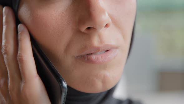 Closeup Young Unrecognizable Arab Woman in Hijab Talks on Mobile Phone Confident Businesswoman alt