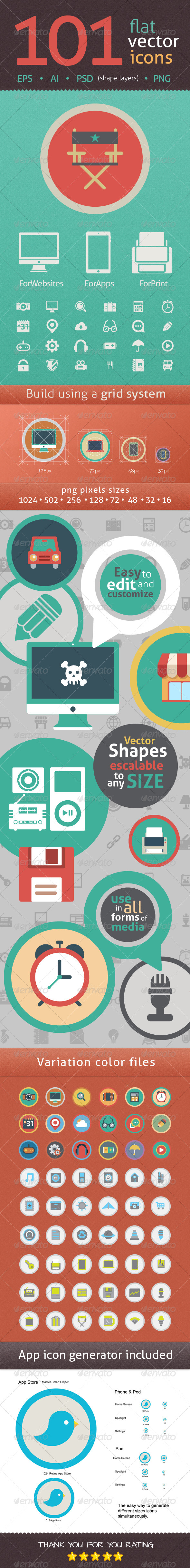 101 Flat Icons in Vector Format and Shape Layers - Icons