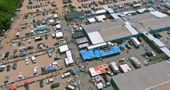 Roof top multiple colour flea markets of buyers and seller aerial view in Englishtown NJ USA alt