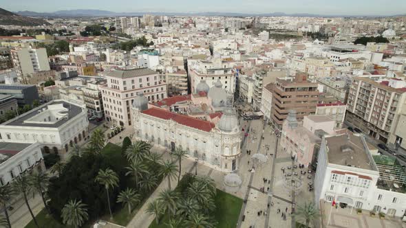 Orbiting view City Hall office beautiful building, Cartagena Downtown. Spain