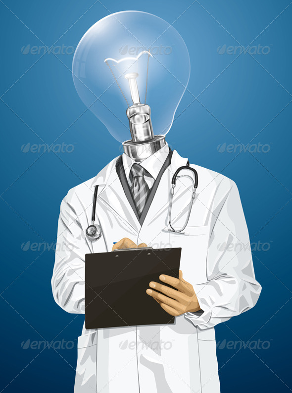 Vector Lamp Head Doctor Man with Clipboard - Health/Medicine Conceptual