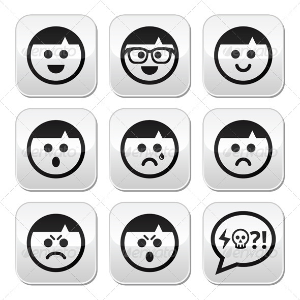 Man Faces, Avatar Vector Buttons Set - People Characters