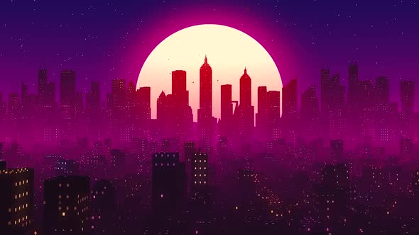 Lo-Fi Synthwave City Skyline VJ Loop, Motion Graphics | VideoHive