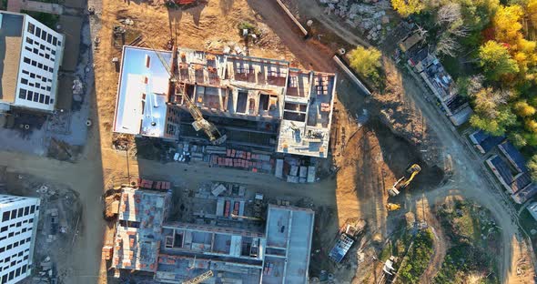 Panoramic Top View at a Building Site During the Construction of Blocks of Flats with Several alt