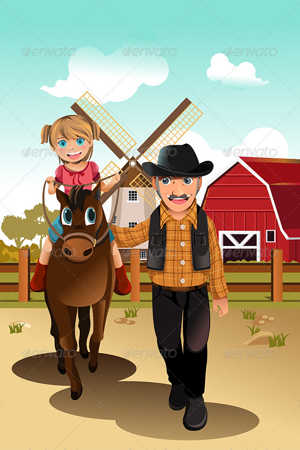Girl Riding Horse with Grandfather - People Characters