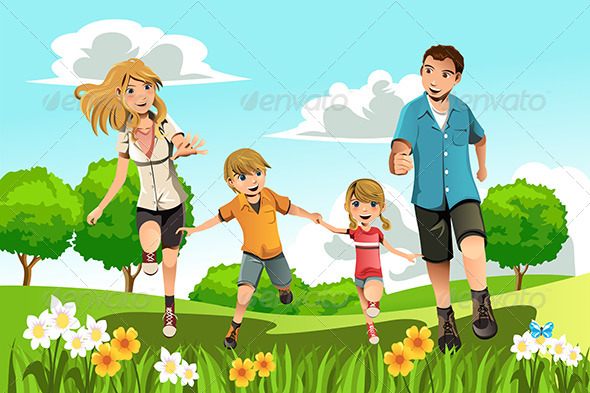 Family Running in Park - People Characters