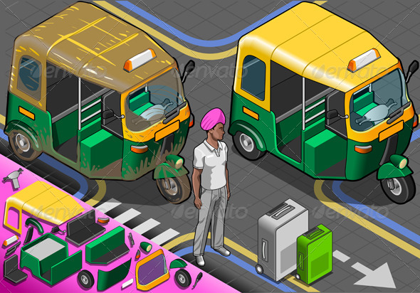 Isometric Indian Rickshaw in Front View - Objects Vectors