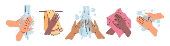 Washing Hands with Soap Under Water and Drying