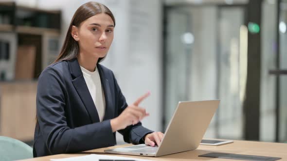 No By Businesswoman Working on Laptop Finger Sign alt