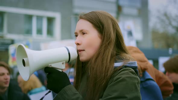 Angry Feminist Girl. Megaphone Scream, Woman Feminism, Shout Loudspeaker Strike alt
