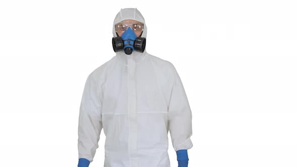 Virologist Man in Protective Costume Checking the Situation on White Background alt