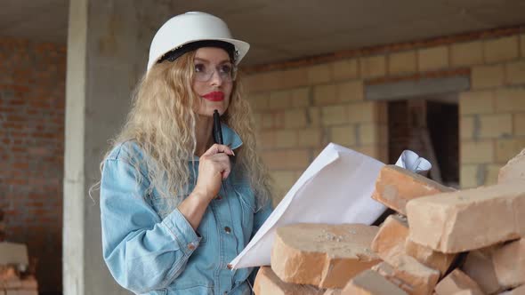 Female Architect Reads the Architectural Plan for the Construction of the House and Makes Marks in alt