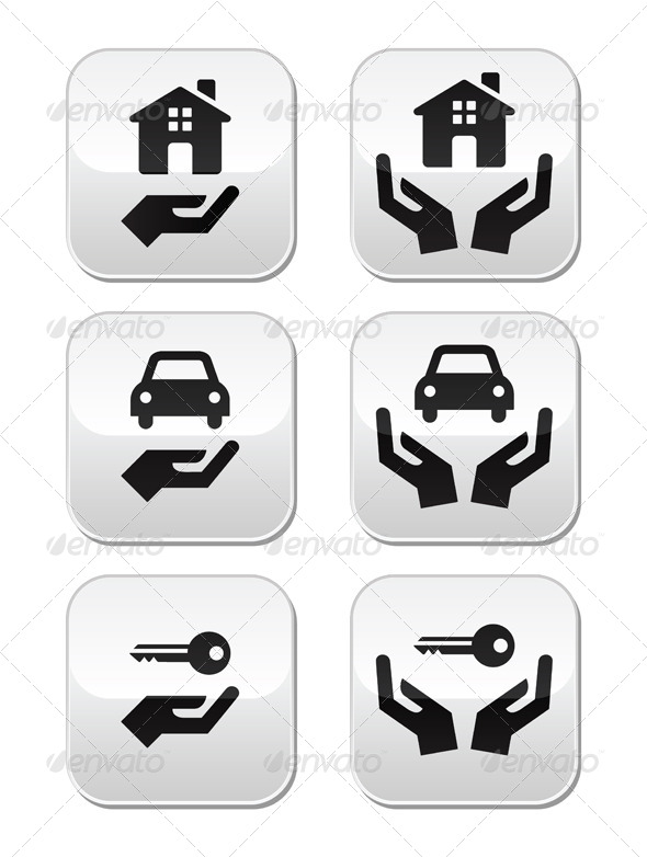 Home, Car, Keys with Hands Buttons Set - Concepts Business