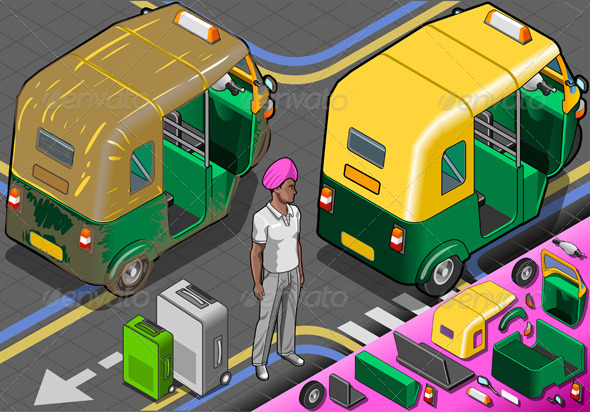Isometric Indian Rickshaw in Rear View - Objects Vectors