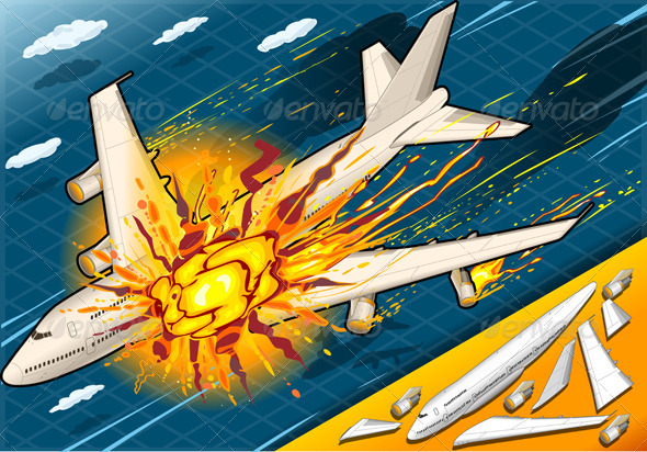 Isometric Explosion of Airplane Falling Down - Conceptual Vectors