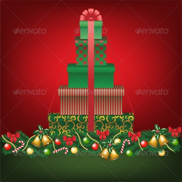 Christmas Card with Stack of Tree Shaped Gifts - Christmas Seasons/Holidays
