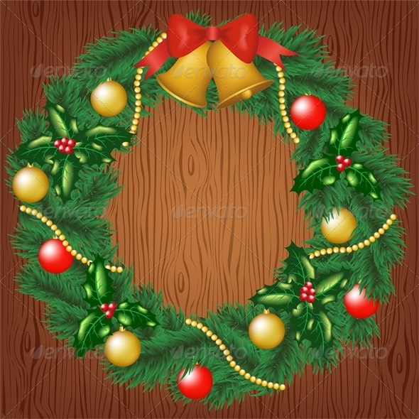 Christmas Wreath on Wood Background - Christmas Seasons/Holidays