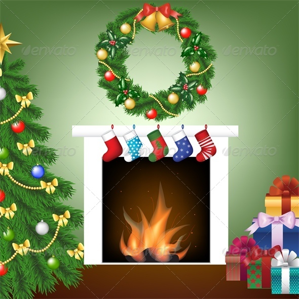 Christmas Card with Tree, Fire Place and Stockings - Christmas Seasons/Holidays