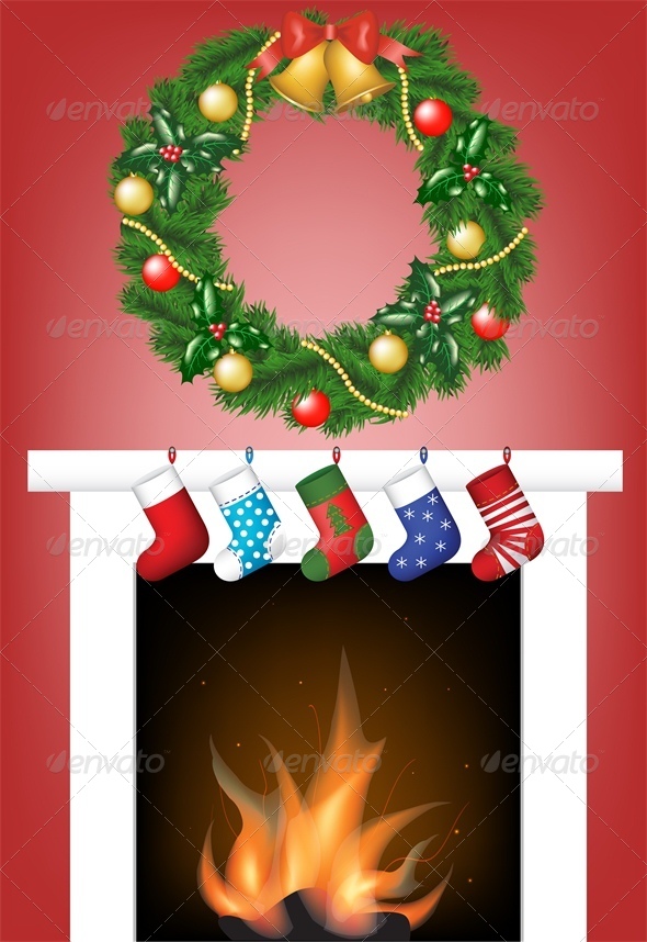 Christmas Card with Fire Place, Stockings and Wreath - Christmas Seasons/Holidays
