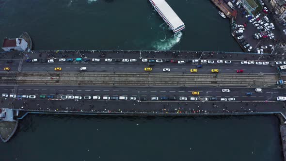 Aerial View at Istanbul Galata Bridge Traffic
