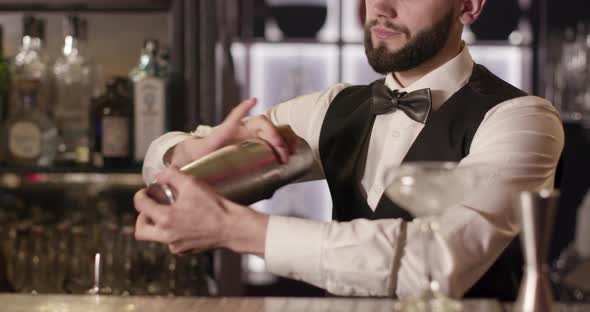 Close-up Shooting. The Bartender Is Mixing a Drink in a Shaker.  alt