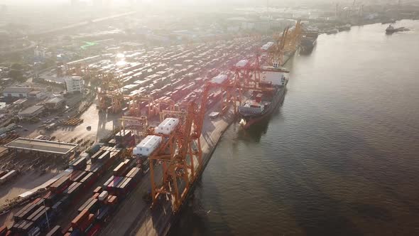 Aerial top view of container cargo ship in the export and import business and logistics alt