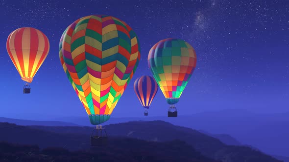 Vibrant, glowing hot air balloons against dark night sky rising over mountains.