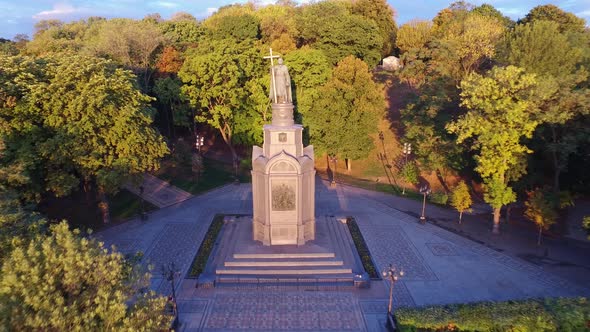 Drone View Statue Saint Prince Vladimir with Christian Cross in Summer Park alt
