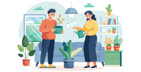 Couple watering and caring for indoor plants at home
