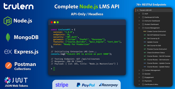 TruLern  - Headless Backend Enterprise Node.js LMS REST API (78+ Endpoints)