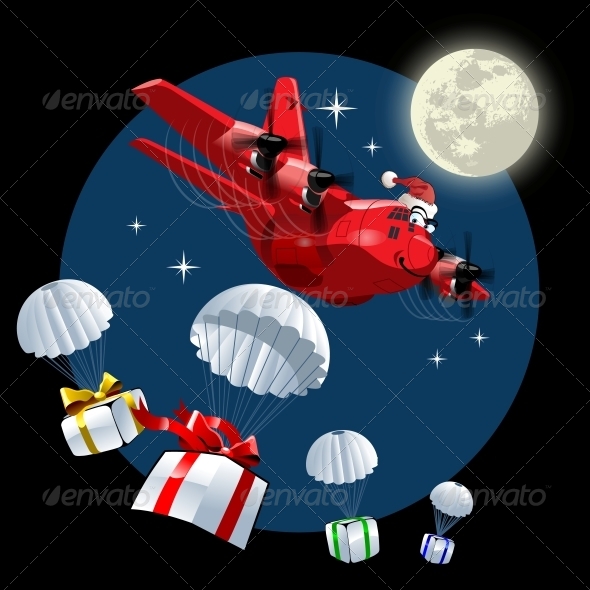 Vector Cartoon Christmas Cargo Airplane - Man-made Objects Objects