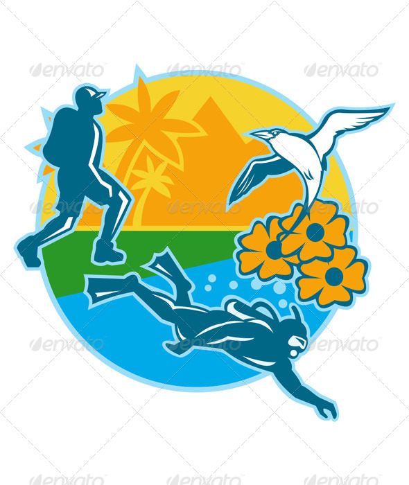 Hiker Scuba Diver Island Tropicbird Flowers Retro - People Characters