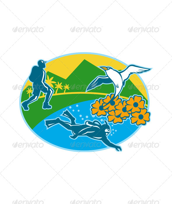 Scuba Diver Hiker Island Tropicbird Flowers Retro - People Characters