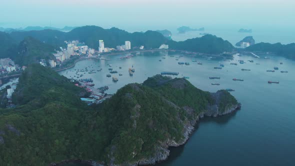 Aerial: unique flying over Ha Long Bay and Cat Ba island, Vietnam alt