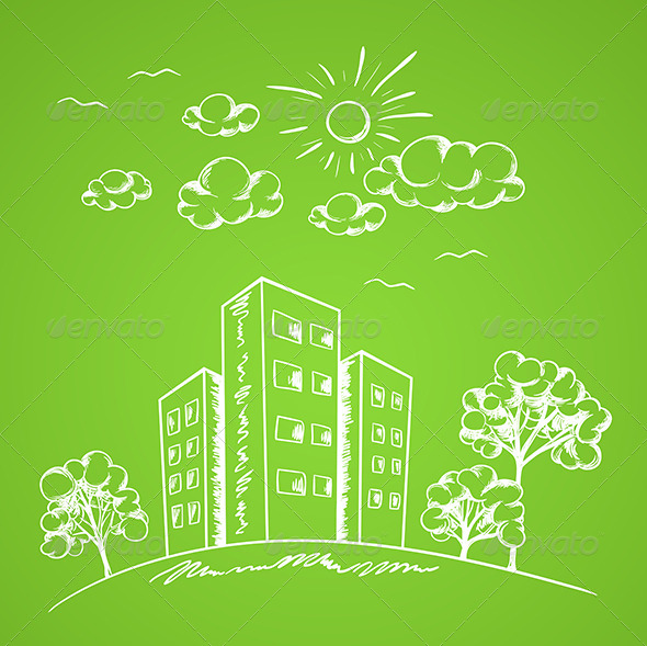 Green Background with House - Buildings Objects
