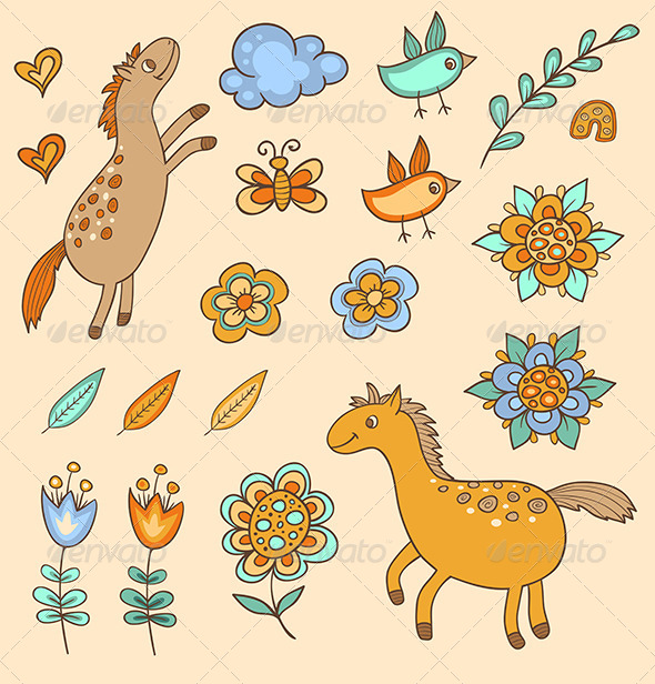 Set of Doodle Design Elements - Animals Characters