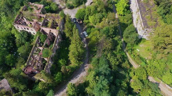 Ruined Lost Overgrown Mining Ghost Town Akarmara Consequences of War in Abkhazia Aerial View From